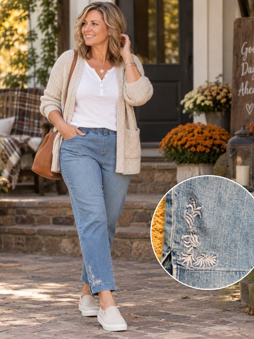 Croft & Barrow Petite 10P Embroidered Ankle Jeans Pull-On Stretch Denim
